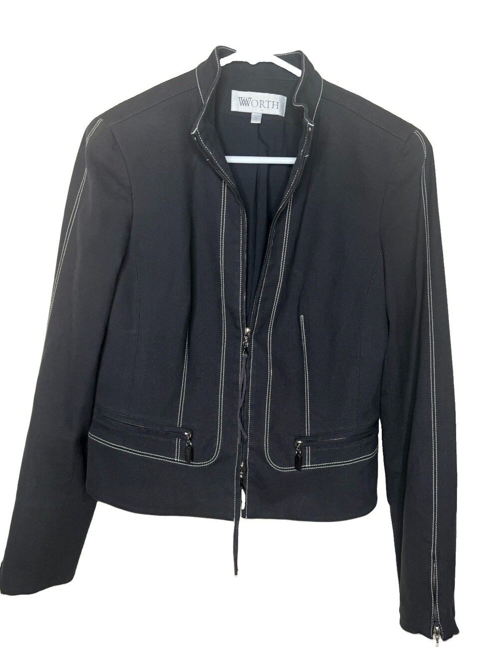 Worth New York Sz 8 Black Stretch Cotton Zip Cropped Moto Jacket Y2K Coat VTG
